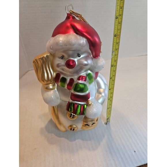 Large Glass Hand painted Snowman Christmas Ornament Glossy Sparkly Finish 9"x6" - Picture 7 of 8